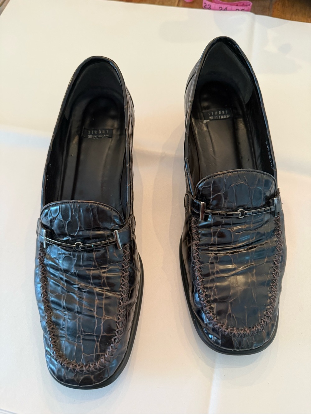 Stuart Weitzman Black/Brown Croc Embossed Leather Bit Loafers Made in Spain